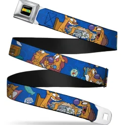 CAT DOG Logo Full Color Black/Yellow/Red/Blue Seatbelt Belt - CatDog Hanging Out Poses Blue Webbing