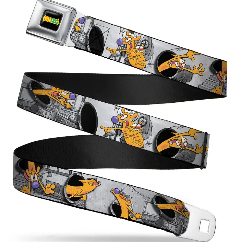 CAT DOG Logo Full Color Black/Yellow/Red/Blue Seatbelt Belt - CatDog House Poses Grays Webbing