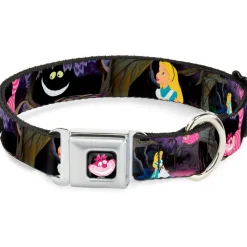 Cheshire Cat Face Full Color Black Seatbelt Buckle Collar - Alice & the Cheshire Cat Scenes