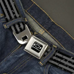 Chevy Bowtie/CHEVROLET Text Full Color Black/White Seatbelt Belt - Chevrolet Bowtie Americana Stripes Weathered Gray/Black Webbing