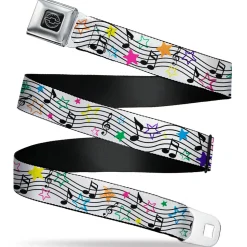 Chevy Seatbelt Belt - Music Notes Stars White/Black/Multi Color Webbing