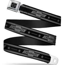 Chevy Seatbelt Belt - Vintage CHEVROLET Bowtie/Stars Stripe Black/Grays (1934 logo) Webbing