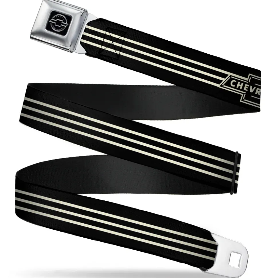 Chevy Seatbelt Belt - Vintage CHEVROLET Bowtie 3-Stripe Black/Ivory (1934 logo) Webbing