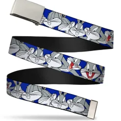 Chrome Buckle Web Belt - Bugs Bunny CLOSE-UP Poses Blue Webbing