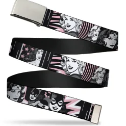 Chrome Buckle Web Belt - Batgirl/Wonder Woman/Supergirl Retro Panels Black/Pink/White Webbing