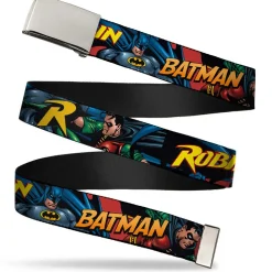 Chrome Buckle Web Belt - Batman & Robin in Action w/Text Burgundy Webbing
