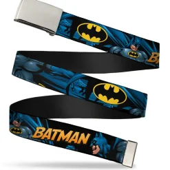 Chrome Buckle Web Belt - BATMAN Action Poses/Bat Signal Black Webbing