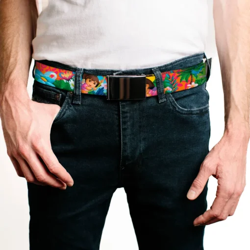 Chrome Buckle Web Belt - DORA THE EXPLORER Dora Poses/Floral Collage Orange/Pink Webbing