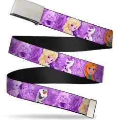 Chrome Buckle Web Belt - Frozen Anna/Elsa/Olaf Poses/Scenes Purples Webbing