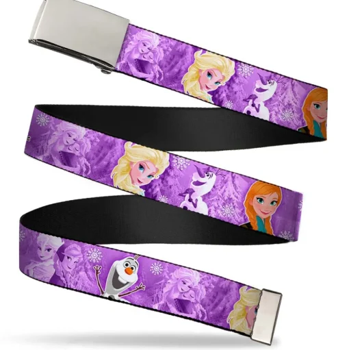 Chrome Buckle Web Belt - Frozen Anna/Elsa/Olaf Poses/Scenes Purples Webbing