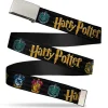 Chrome Buckle Web Belt - HARRY POTTER Hufflepuff/Ravenclaw/Gryffindor/Slytherin Coat of Arms Black Webbing