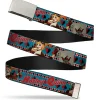 Chrome Buckle Web Belt - Harley Quinn Bombshell Pin-Up Pose/Joker Card/Suits Blue/White/Red/Black Webbing