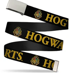 Chrome Buckle Web Belt - Harry Potter HOGWARTS & Crest Black/Gold Webbing