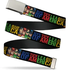 Chrome Buckle Web Belt - JUSTICE LEAGUE OF AMERICA w/Superhero Blocks Black/Multi Color Webbing