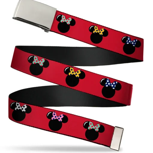 Chrome Buckle Web Belt - Minnie Mouse Silhouette Red/Black/Polka Dot Webbing