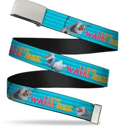 Chrome Buckle Web Belt - Olaf Pose I LOVE WARM HUGS Stripe Blues Webbing