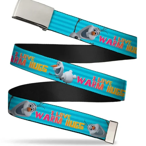 Chrome Buckle Web Belt - Olaf Pose I LOVE WARM HUGS Stripe Blues Webbing