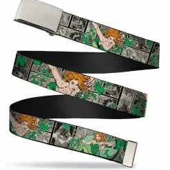 Chrome Buckle Web Belt - POISON IVY Poses/Comic Scenes Grays/Greens Webbing