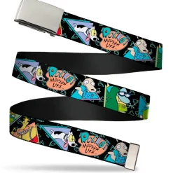 Chrome Buckle Web Belt - ROCKO'S MODERN LIFE Character Portraits/Triangles Black/Blue Webbing