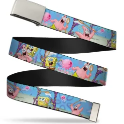 Chrome Buckle Web Belt - SpongeBob & Patrick Starfish Jellyfishing Scenes Webbing