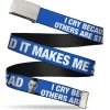 Chrome Buckle Web Belt - Sheldon I CRY BECAUSE OTHERS ARE STUPID/THAT MAKES ME SAD Blue/White Webbing