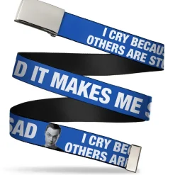 Chrome Buckle Web Belt - Sheldon I CRY BECAUSE OTHERS ARE STUPID/THAT MAKES ME SAD Blue/White Webbing