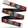 Chrome Buckle Web Belt - Six Sugar Skulls Multi Color Webbing