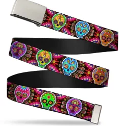 Chrome Buckle Web Belt - Six Sugar Skulls Multi Color Webbing