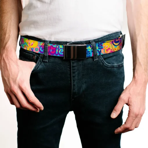 Chrome Buckle Web Belt - Tweety Bird Poses LITTLE CUTIE-LOVEABLE Blue/Multi Color Webbing