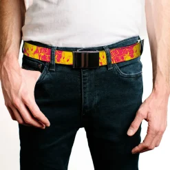 Chrome Buckle Web Belt - Tweety Bird Poses CUTE LITTLE YELLOW BIRD Yellow/Pink Webbing