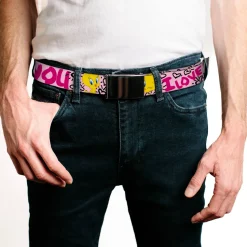 Chrome Buckle Web Belt - Tweety Bird I LOVE YOU Pink/Black Webbing
