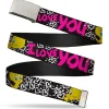 Chrome Buckle Web Belt - Tweety Bird I LOVE YOU Black/White/Pink Webbing