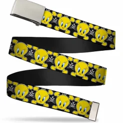 Chrome Buckle Web Belt - Tweety Bird & Crossbones Black/White/Yellow Webbing