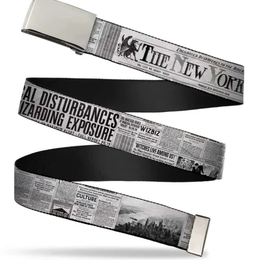 Chrome Buckle Web Belt - THE NEW YORK GHOST Newspaper Headlines White/Grays/Black Webbing