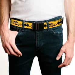 Chrome Buckle Web Belt - Vintage Batman Logo & Bat Signal-3 Yellow Webbing