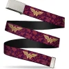 Chrome Buckle Web Belt - Wonder Woman Logo/Floral Collage Purple/Pinks/Gold Webbing