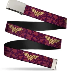 Chrome Buckle Web Belt - Wonder Woman Logo/Floral Collage Purple/Pinks/Gold Webbing