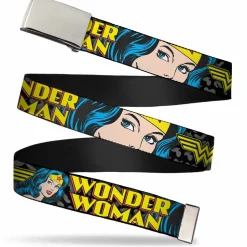 Chrome Buckle Web Belt - WONDER WOMAN w/Face CLOSE-UP Leopard Black/Gray Webbing