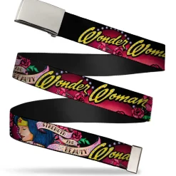 Chrome Buckle Web Belt - WONDER WOMAN/Roses STRENGTH AND BEAUTY Black-Pink Fade Webbing