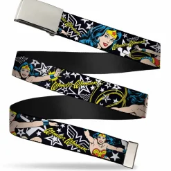 Chrome Buckle Web Belt - Wonder Woman/Stars Black/White Webbing