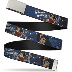 Chrome Buckle Web Belt - WONDER WOMAN/Bombshell Pose Blue/Red/White Webbing