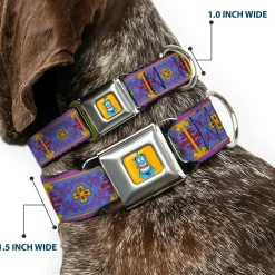 Classic Aladdin Genie Smiling Expression Full Color Yellow Seatbelt Buckle Collar - Classic Aladdin Magic Carpet Tapestry Blue/Purple/Gold/Red