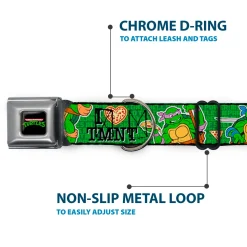 Classic TEENAGE MUTANT NINJA TURTLES Logo Seatbelt Buckle Collar - I "HEART" TMNT/Classic Turtles & Pizza Green
