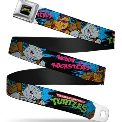 Classic TMNT Logo Full Color Seatbelt Belt - TMNT BEBOP AND ROCKSTEADY Back-to-Back Pose Splatter Blue/Black/Pink Webbing