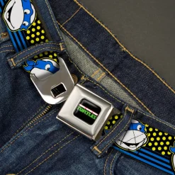 Classic TMNT Logo2 Full Color Seatbelt Belt - Classic TMNT Leonardo Expression Dots/Stripes Black/Yellow/Blue/White Webbing