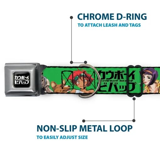 COWBOY BEBOP Title Logo Full Color Black/White Seatbelt Buckle Collar - COWBOY BEBOP Crew Group Pose and Title Logo Green/Black