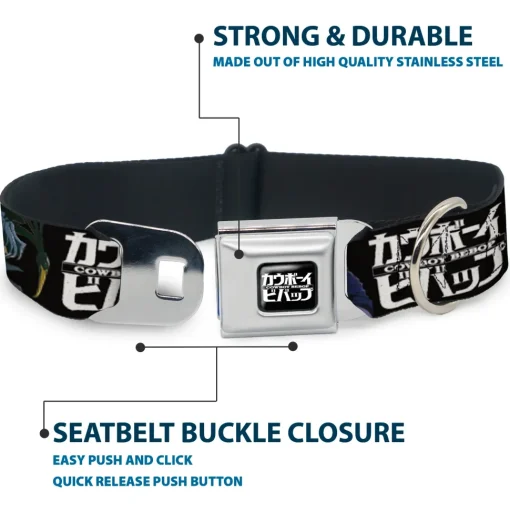 COWBOY BEBOP Title Logo Full Color Black/White Seatbelt Buckle Collar - COWBOY BEBOP Spike and Vicious Pose and Title Logo Black/Blues