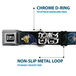 COWBOY BEBOP Title Logo Full Color Black/White Seatbelt Buckle Collar - COWBOY BEBOP Spike and Vicious Pose and Title Logo Black/Blues