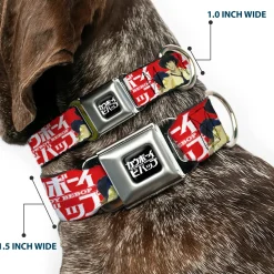 COWBOY BEBOP Title Logo Full Color Black/White Seatbelt Buckle Collar - COWBOY BEBOP Spike and Faye Back to Back Pose and Title Logo Red/White