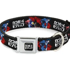 COWBOY BEBOP Title Logo Full Color Black/White Seatbelt Buckle Collar - COWBOY BEBOP Spike Pose and Crew Collage and Title Logo Black